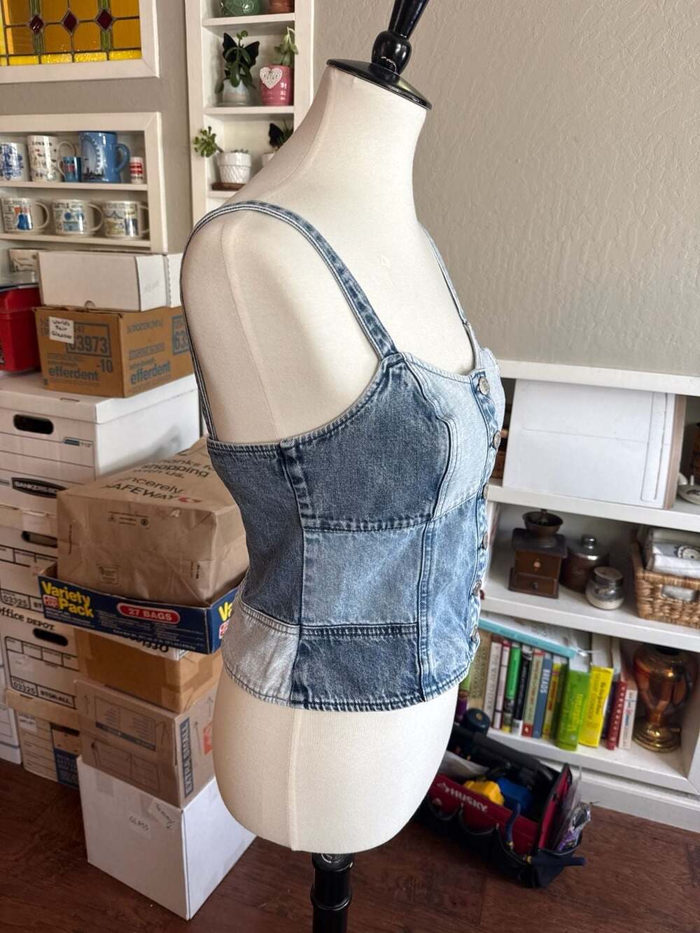 Gap Patchwork Denim Bustier Corset Top Button Fro… - image 4